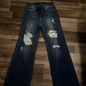 High Rise Distressed Dark Blue Jeans
